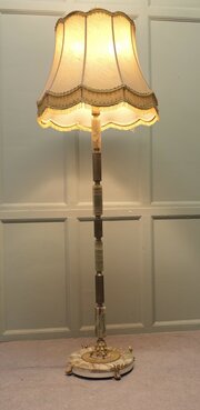 Brass And Onyx Column Floor Lamp, With Cherubs