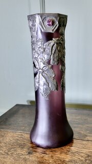 French Art Nouveau Amethyst Vase, Pewter Overlay