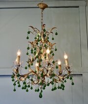 French Emerald Green And Gold 6 Arm Chandelier
