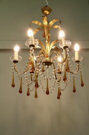 French Gilt Tolewear Chandelier Hung With Amber  