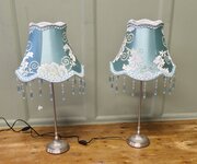Pair Of Tall Chrome Bedside Lamps, Beaded Embroidered Shades