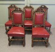 Set 5 19th Century Black-forest Carved Oak Chairs