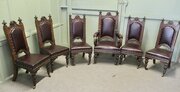 Set Of 6 Gothic Oak High Back Carved Dining Chairs