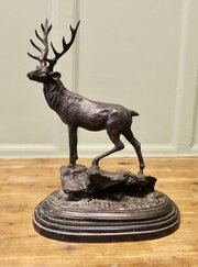 Signed Bronze Sculpture Of A Stag Standing  