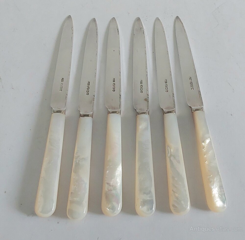 Antiques Atlas Set Of 12 Silver Fruit Knives And Forks. MOP Handles.