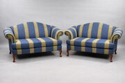 Pair Of Upholstered Sofas In Blue & Gold Stripe