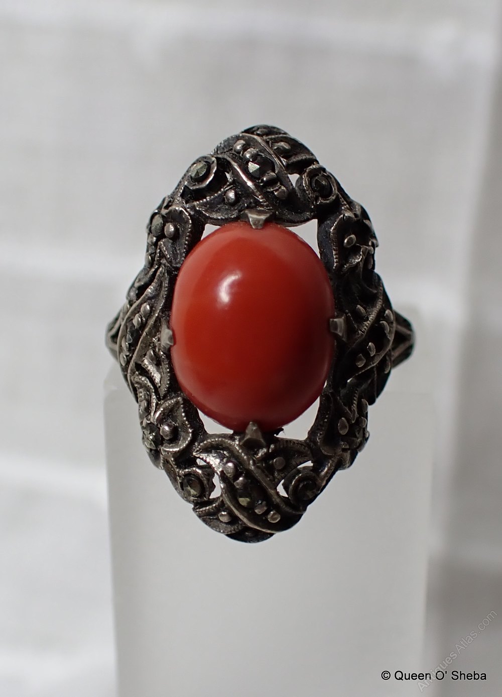 Antiques Atlas Art Deco Coral Marcasite Ring Silver Red Flawless - Main Image