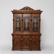 Carved Oak And Stained Leaded Glass Oak Bookcase