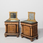 Carved Walnut, Marble And Gilded Bedside Cabinets 