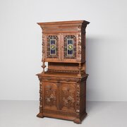 Carved Oak-stained Glass Two-part Bookcase