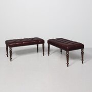 Mahogany-framed Buttoned Burgundy Hide Stools