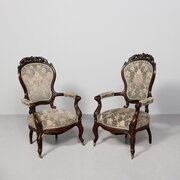 Pair Of Carved Rosewood Cabriole Leg Armchairs