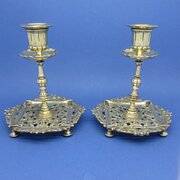 Pair Victorian Gothic Brass Candlesticks