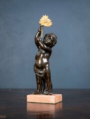 19th Century Bronze Putto Holding A Flower