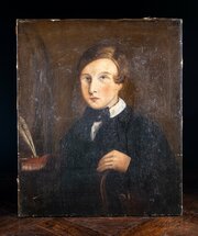 19th Century Portrait Of Young Man By Desk. Naive 