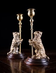 Pair Of Standing Terrier Dog Brass Candlesticks