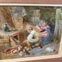 Oil painting Tending the Rabbits 19thC