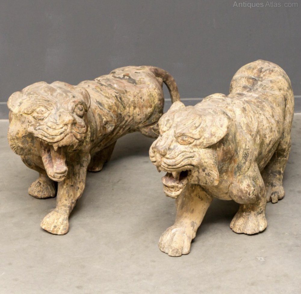 Antiques Atlas Large Polychrome Wooden Tiger Sculptures