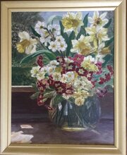 Mid Century Flowers Still Life Oil On Canvas 