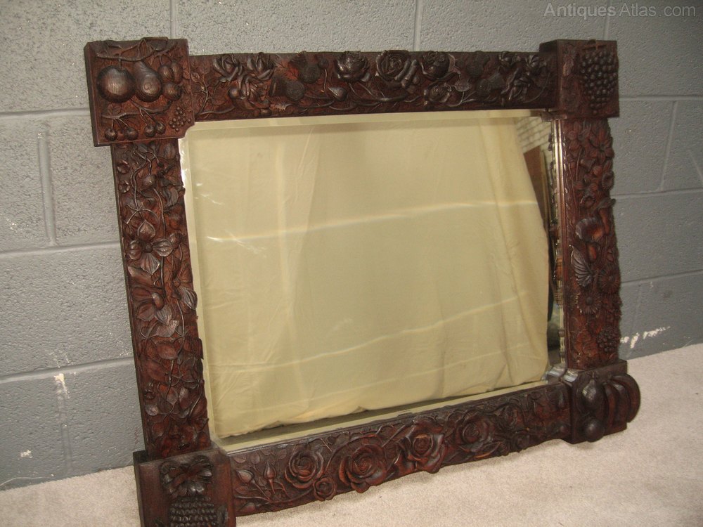 Heavy Carved Oak Gothic Framed Wall Mirror