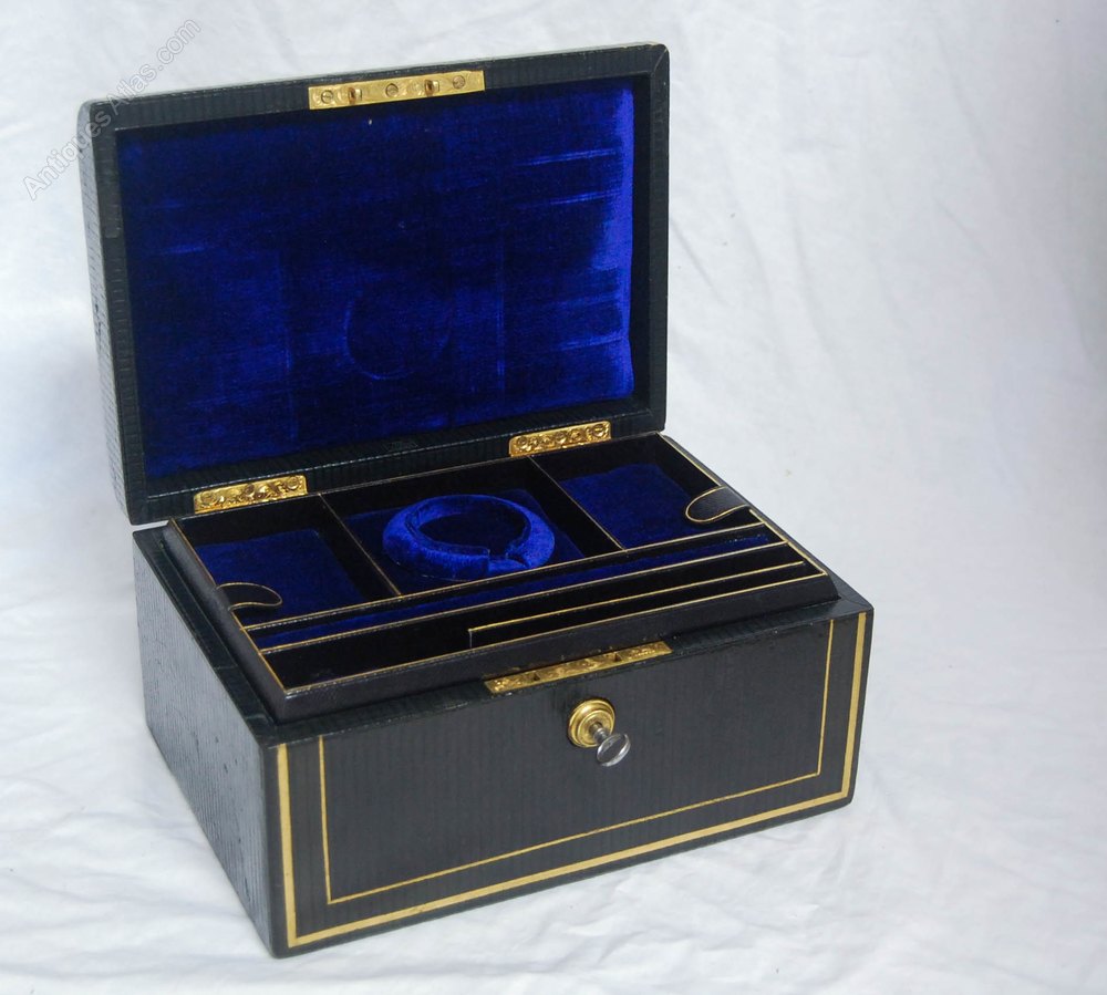 Antiques Atlas Leather & Brass Jewellery Box With Bramah Lock