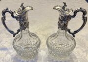 Pair Antique Silver Plated & Cut Glass Claret Jugs