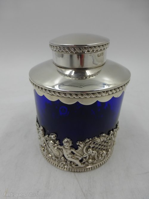 Antiques Atlas Antique Silver & Blue Glass Tea Caddy Chester 1899