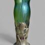 Art Nouveau Pewter Iridescent Glass Vase Loetz