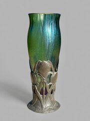 Art Nouveau Pewter Iridescent Glass Vase Loetz