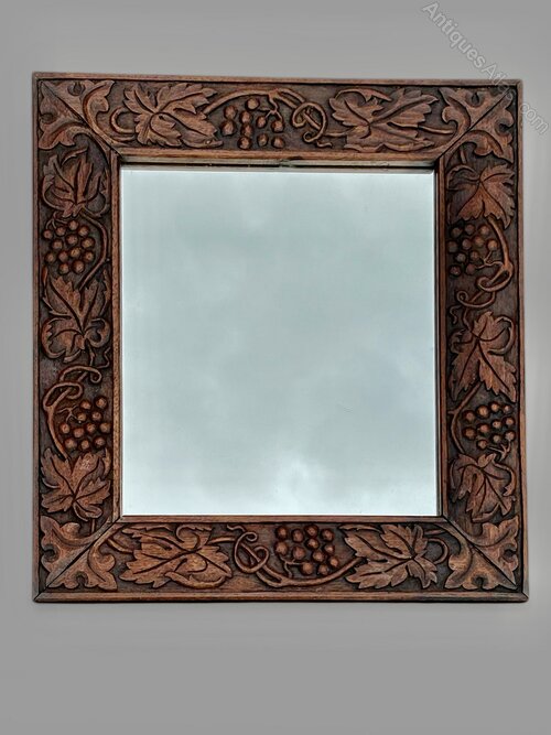 Arts & Crafts Carved Oak Mirror Grapes & Leaves
