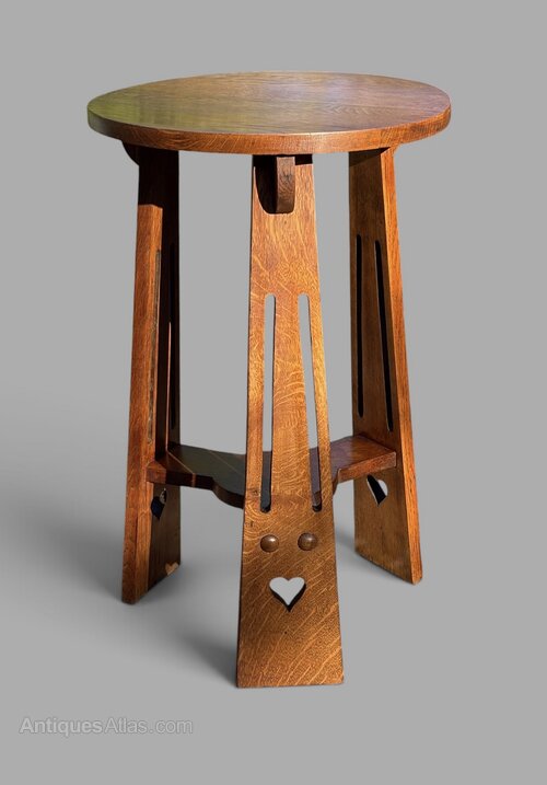 Arts & Crafts Golden Oak Lamp Table Hearts