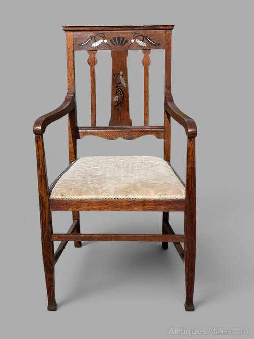 Arts & Crafts Oak Armchair Pewter Inlay