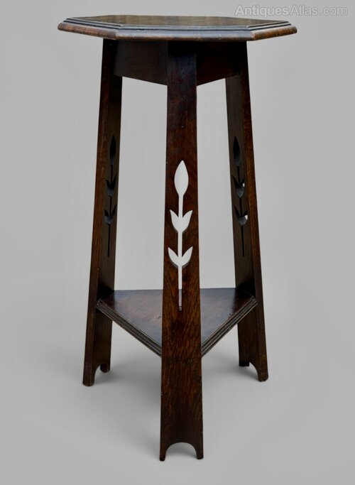 Arts & Crafts Oak Plant Stand Lamp Table Tulips