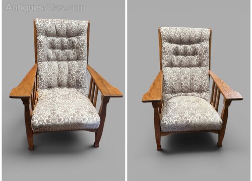 Pair Arts Crafts Oak Recliner Chairs Reupholstered