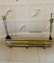 Antique Brass Fender With Original Fire Irons