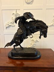 Antique Bronze Cowboy On Bucking Horse Sculpture
