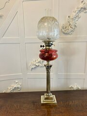 Antique Cranberry Glass Oil Lamp On Brass Column