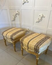 Antique Pair Carved Giltwood Stools Upholstered 