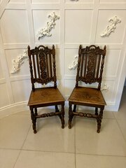  Antique Pair Of Quality Carved Oak Side Chairs