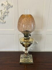 Antique Victorian Brass Oil Lamp With Etched Amber