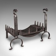 Antique Fireplace Set, English, Wrought Iron, Fire Basket 