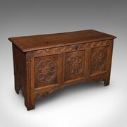 Antique Linen Chest, English, Carved Oak, Coffer