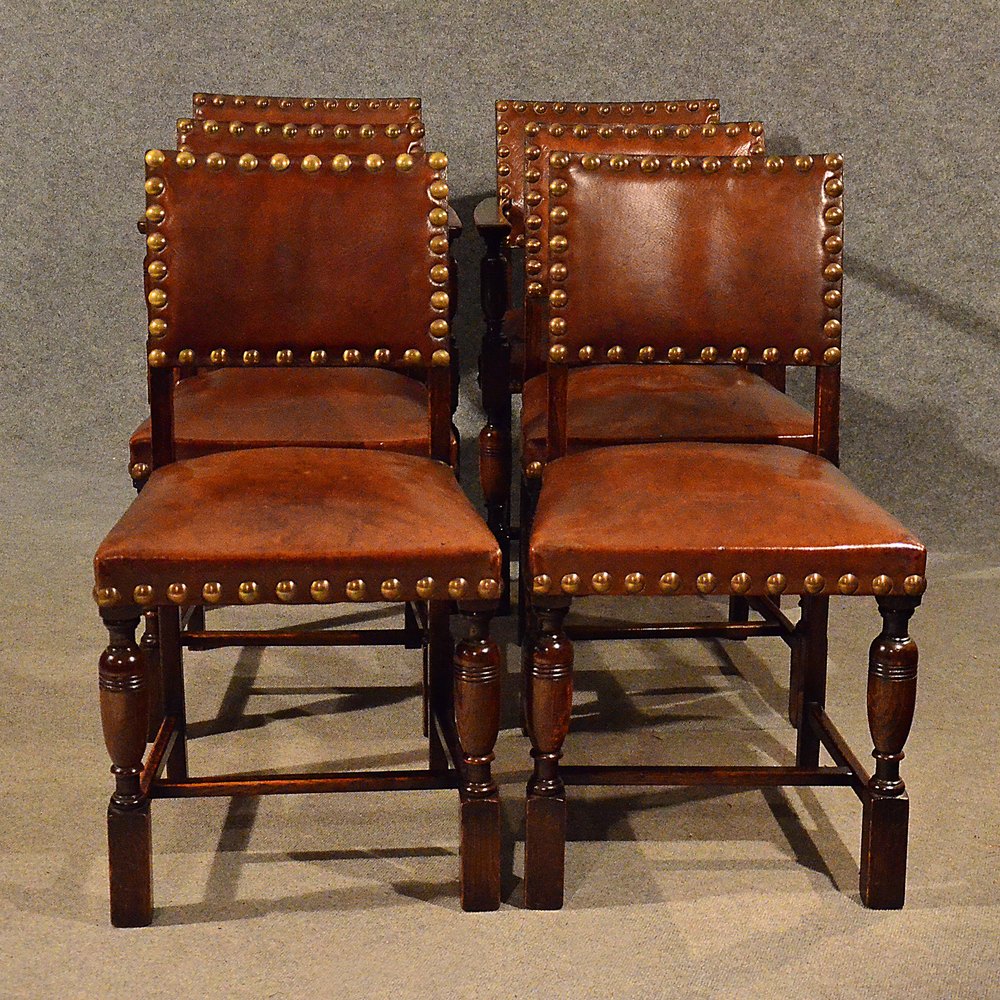 Antique Oak Chairs & Carvers Set 6 Leather Seat Antiques Atlas