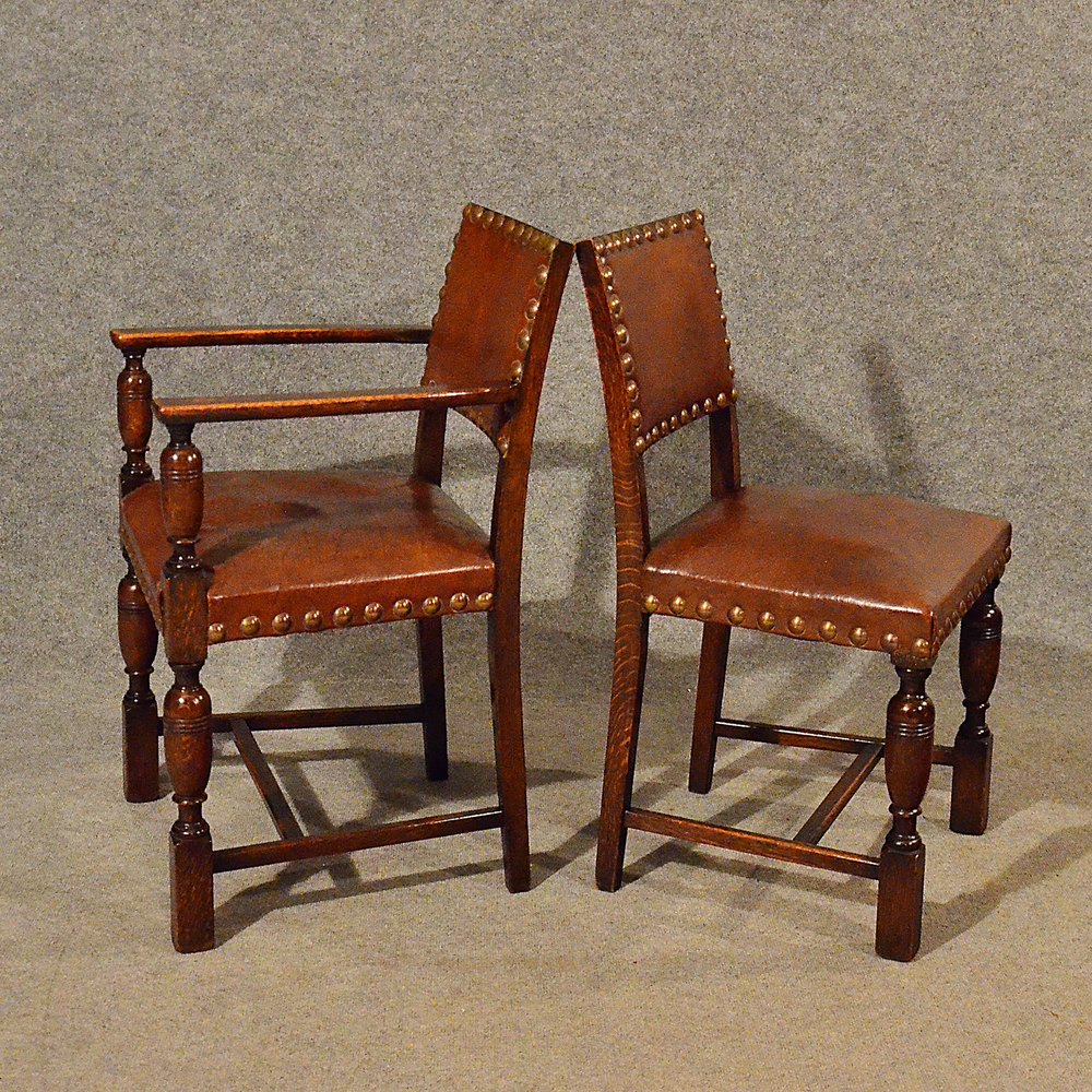 Antique Oak Chairs & Carvers Set 6 Leather Seat Antiques Atlas