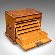 Antique Stationery Box, English, Golden Oak, Brass