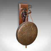 Antique Wall Gong, English, Oak, Bronze, Chime