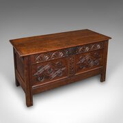 Large Antique Carved Coffer, English Oak, Blanket 