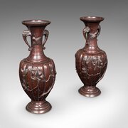 Pair Of Antique Stem Vases, Japanese Bronze, Meiji