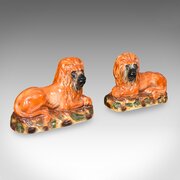 Pair Of Antique Recumbent Lions, English, Ceramic