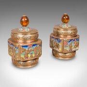 Pair Of Small Antique Champleve Tea Caddies, Pots